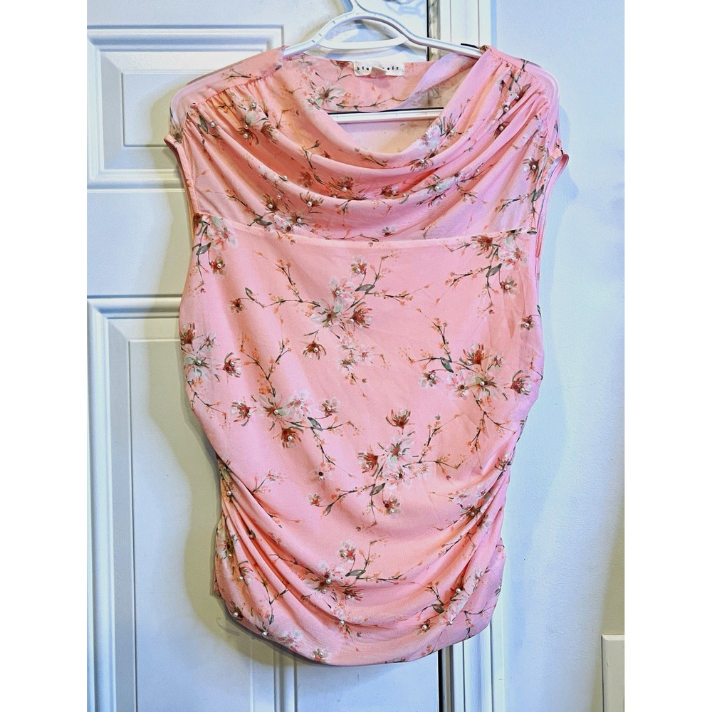 Blush Noir XL Pink Floral Mesh Pearl Embellished Ruched Cowl Neck Top Sleeveless